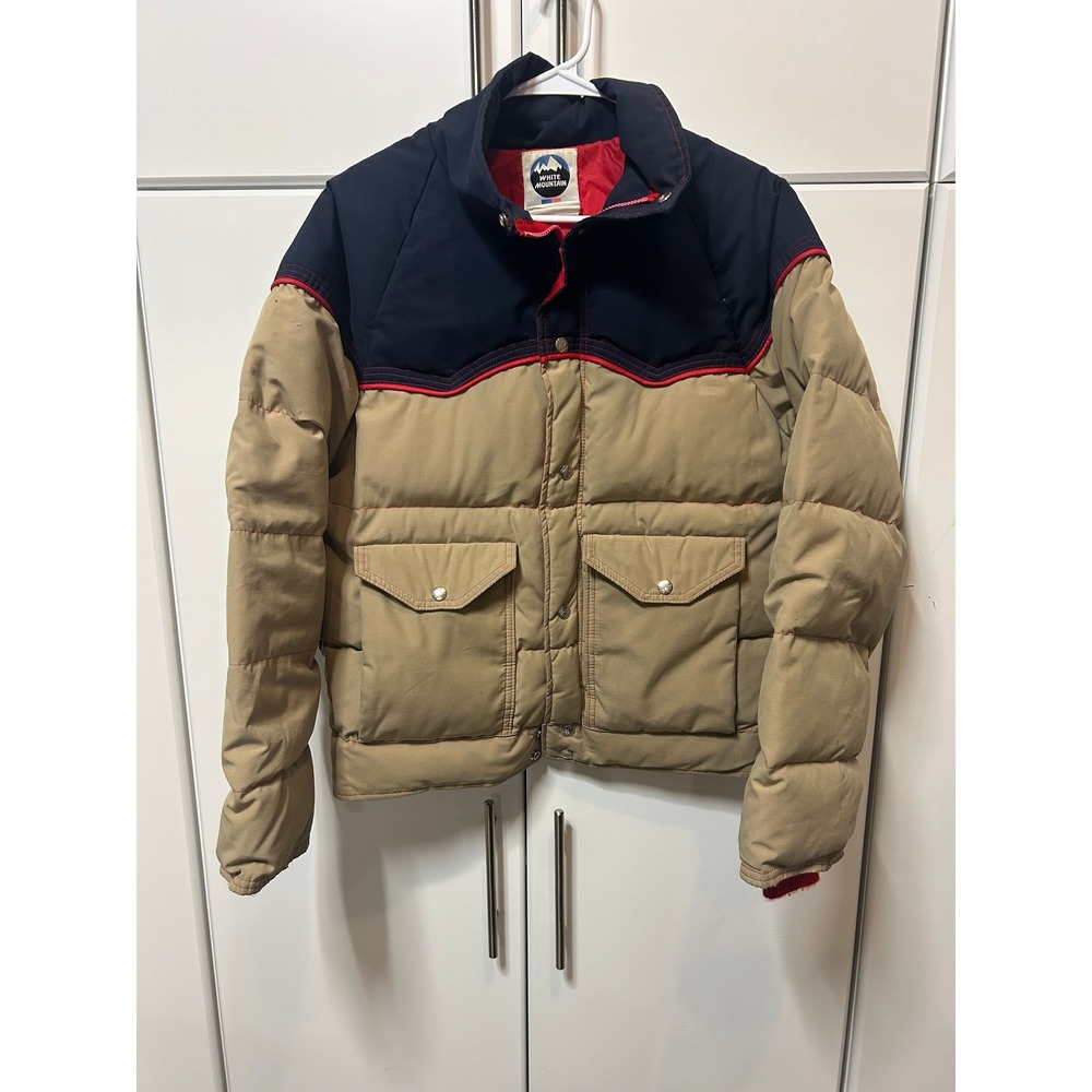 Vintage White Mountain Puffer Jacket Made in USA Tan Navy Blue Western Yoke XL